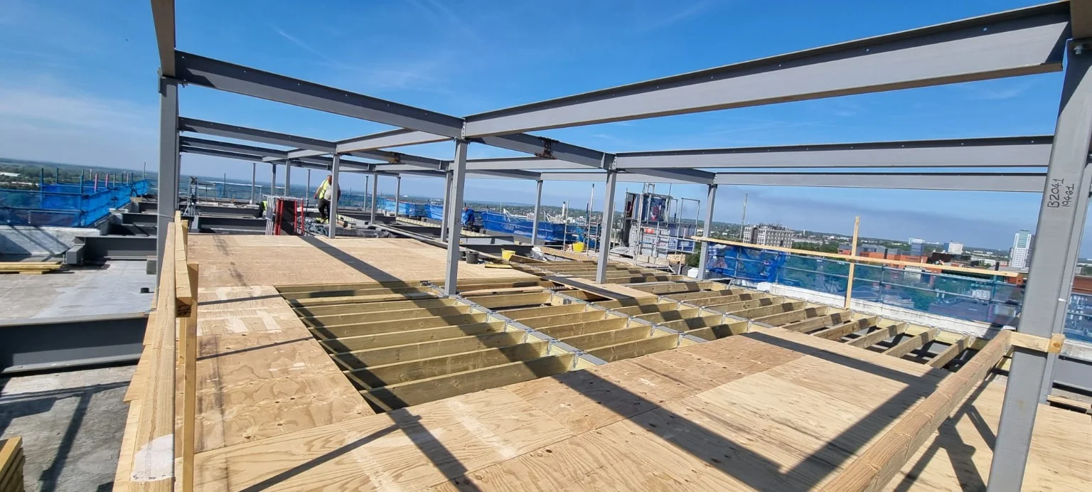 Steel construction of the additional rooftop floor at Birch Street, Wolverhampton, by Maison Builders D Ltd