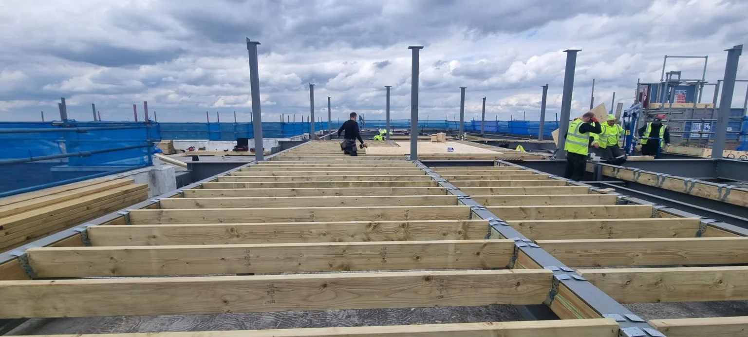 Timber joists and steel supports during new floor construction